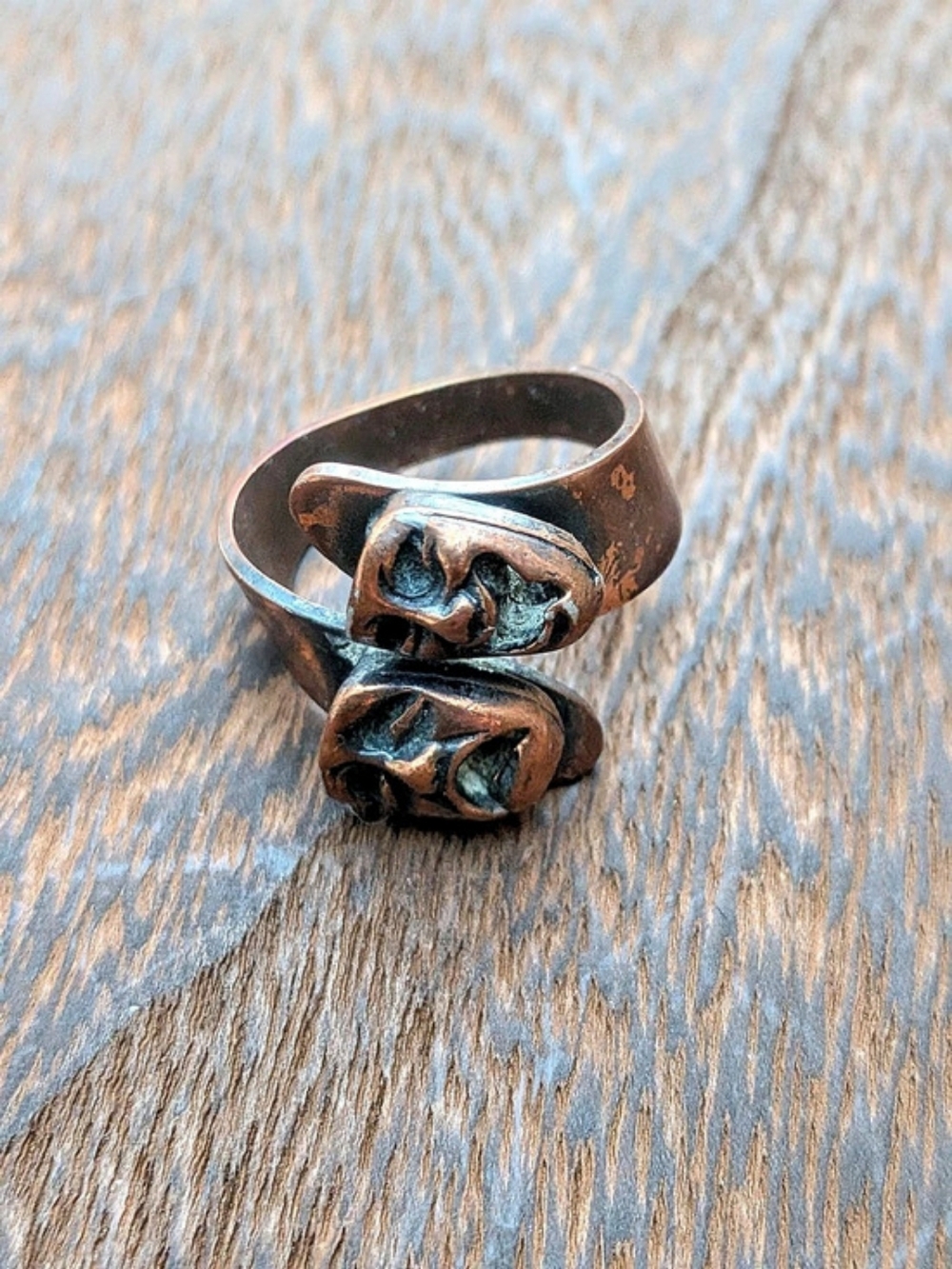 🎭 Vintage Mid Century Copper Comedy Tragedy Theater Mask Wrap Ring